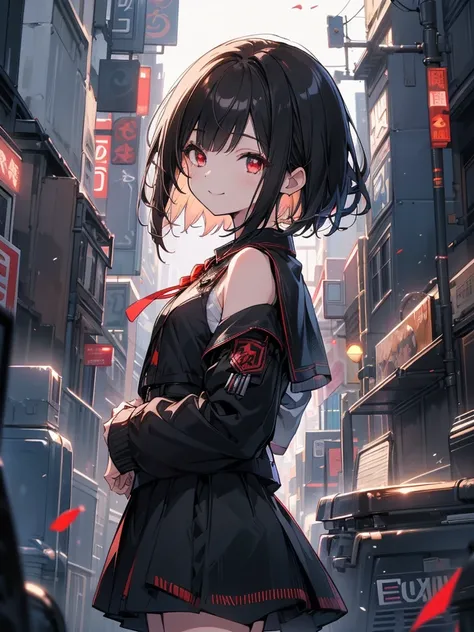 masterpiece, highest quality, highest quality, (no text), Beautiful and aesthetic:1.2),no text,anime、break,anime、break、 one girl、 Dark Haired Girl Short Hair 　 Slit Eyes Boyish 　adult　 beautiful eyes　red eyes, cool smile　Shoulder　skirt　 Black jacket, whole...