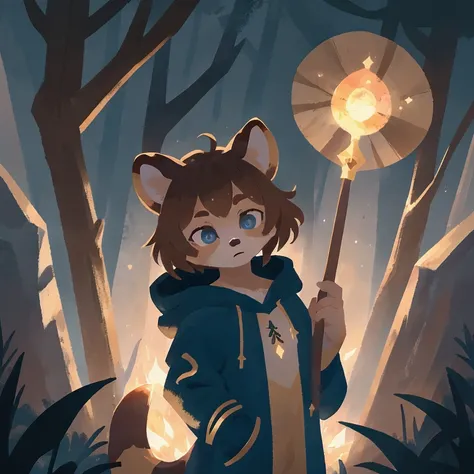 A racoon Man Apprentice Sorcerer,  has a magic wooden staff , dark blue eyes, brown hair, fluffy fur, Blue and gold hoodie , in a dark forest, racoon ears , racoon tail,  beige 