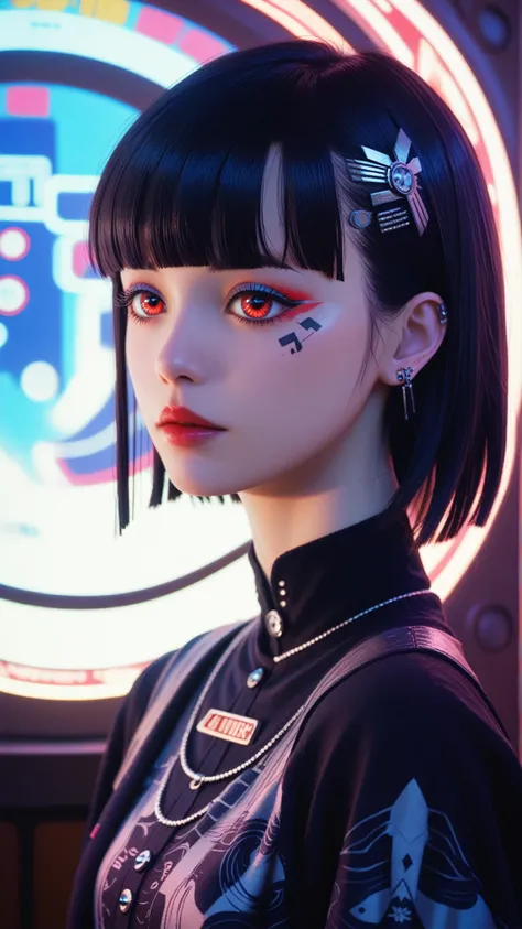 ((best quality)), ((masterpiece)), (detailed), perfect face of cyberpunk mecha japanese girl, shiny black eyes, shiny black body, shiny black hair, ((monochromatic black color palette)), surreal, art nouveau, in the illustrative style of moebius, spaceship...