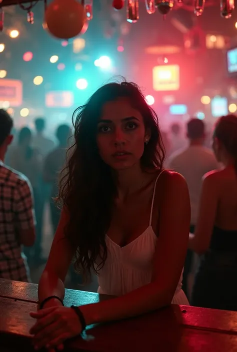 At a chaotic party, we see a tense scene, without showing the shooters or the shots. In the central focus, a Latina girl is behind the bar counter,  wearing a white dress . Her face expresses fear and concern, as she watches the panicked scene in front of ...