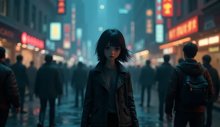  3D animation style confused streets ：The night falls low， The protagonist wanders alone in a busy street， and the crowd went through like a tide ，Lights flickering， but he was alone against the flow of people ， as if he didnt fit in with the whole world ，...