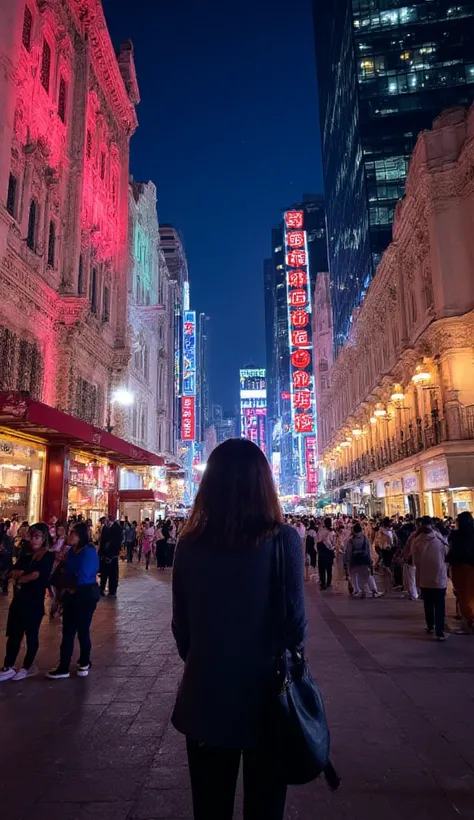 (Amazing Artwork:1.1), ( high quality, masterpiece:1.3),The real Gorgeous and gorgeous downtown area of China,  Night Streetscape, People passing by々, Girl Standing Alone, ((live-action)), 