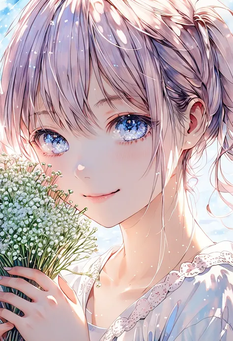 anatomically correct , best quality , highres , UHD, masterpiece、upper body, watercolor, ultra detailed cute moe anime, pastel color, pale color, warm atmosphere, ephemeral, transient, fleeting, A  holds a bouquet of baby’s breath flowers carefully in both...