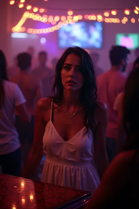 At a chaotic party, we see a tense scene, without showing the shooters or the shots. In the central focus, a Latina girl is behind the bar counter,  wearing a white dress . Her face expresses fear and concern, as she watches the panicked scene in front of ...