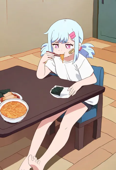 1girl, solo, ,(anime art style:1.0), 2d, masterpiece, best quality, solo, dynamic shadows, atmosferic, pink eyes, short pigtails, light blue hair, hair clip accessories, eating a bowl of ramen noodles, sitting at a table, barefoot, puffy black cot, white t...