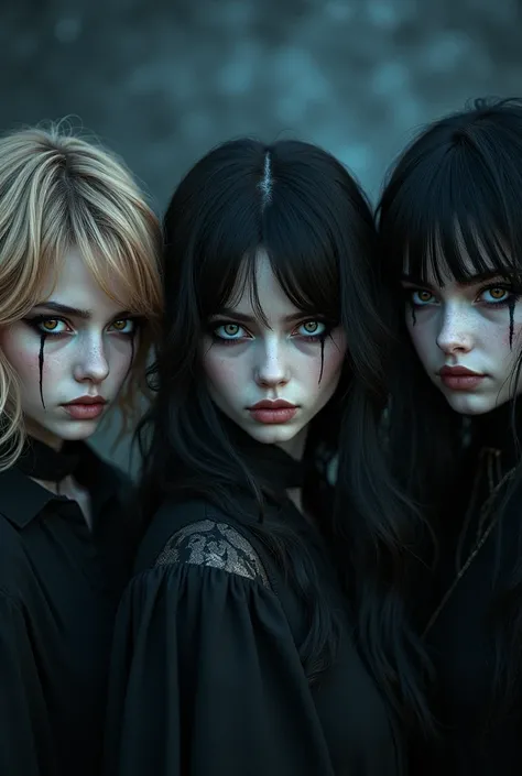 3 90s ethereal goth girls looking menacingly at you. With a starry night background. One girl have short wavy hair and clear brown eyes. Second girl have long wavy golden brown hair and intense blue eyes. Third girl have long black hair with bangs and pier...