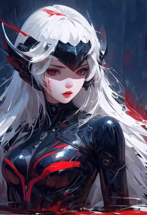  masterpiece ，     is the best quality， 8K，     Digitally painting      ，   1 girl at home，     alone ， Stand up， youth， White hair， 长White hair， Headdress， Red Eyes， Round pupil，   She has no expression on her face   ， Bloodstained， Mechanical parts， elec...