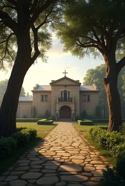  realistic detailed image of a large monastery-style farm a large plan of the property with two oaks forming a frame with the farm in the background, its structure is made of stone ,  behind the farm is the amenecer 