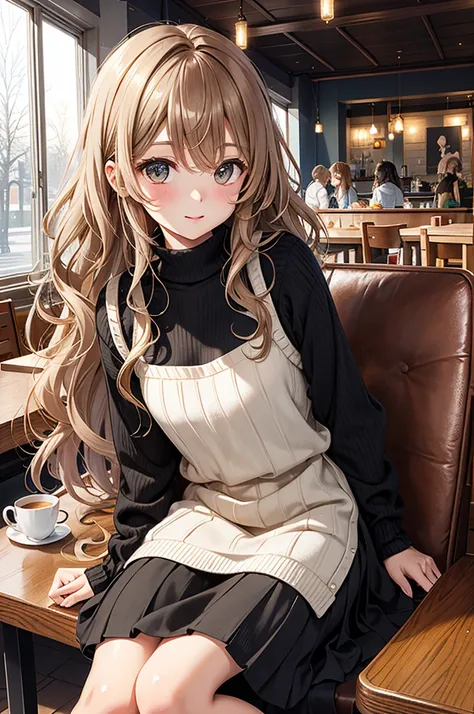 Best Quality, Super fine, 16k,  Extremely Absurd ,  Extremely detailed, 2.5D,  Delicate and dynamic depiction , Beautiful woman,  Adorable and lewd look  , Light brown messy wavy hair, compensate, Im wearing a black loose summer knit sweater and a long ski...