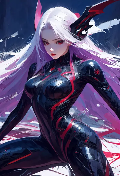  masterpiece ，     is the best quality， 8K，     Digitally painting      ，   1 girl at home，     alone ， Stand up， youth， White hair， 长White hair， Headdress， Red Eyes， Round pupil，   She has no expression on her face   ， Bloodstained， Mechanical parts， elec...