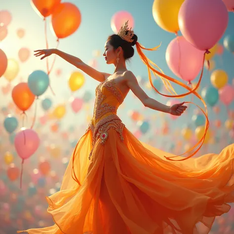 "nangsita, thai tradition dress, detail dress, Royal Thai Headpiece with floating ribbons, dancing gracefully among hundreds of colorful balloons floating gently in the air. Each balloon is a different color and reflects the sunlight, creating a joyful, li...