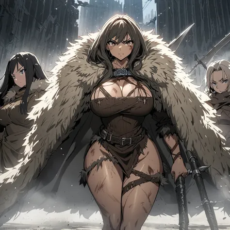 Anime, high detailed, multiple girls, Long hair, barbarian girls, barbarians cloth, fur cape, curvy body 