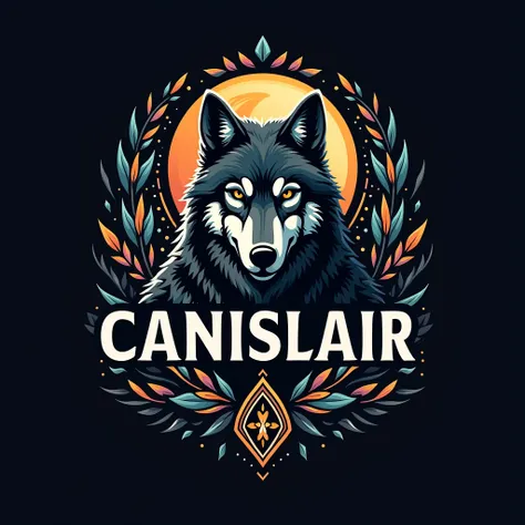 a big logo text written Canislair, capital letters, flat graphic design, dark ambience, fullscreen detailed native american ornament theme, a wolf as fullscreen background, award winning design, extreme detail, Ultra HD, 4k