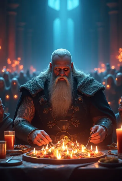 God Odin with an eye patch, Sitting at the Feast of Valhalla,  with blue and red lights in the background .