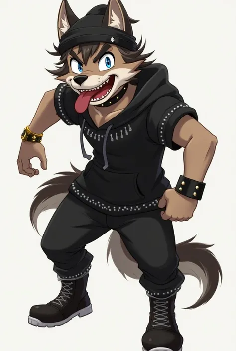 (masterpiece, best quality:1.2), (hyperdetailed face), (Super well-formed face), full body, solo, tachie, male focus, 1boy, squat, sticking out tongue, long tongue, big smile, sharp teeth, black and brown hair, blue eyes, paw pose, black hoodie, black bean...