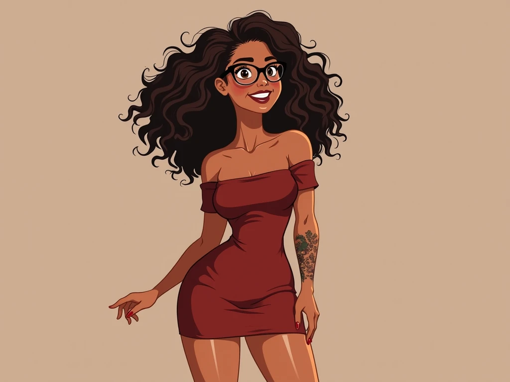 masterpiece, (best quality: 1.2), (Super fine: 1.2), animated illustration, (extremely delicate and beautiful: 1.2), full-body scene.  a 26-year-old woman with tanned skin  curvy body,   dark brown eyes .   She has curly hair with very well defined curls a...