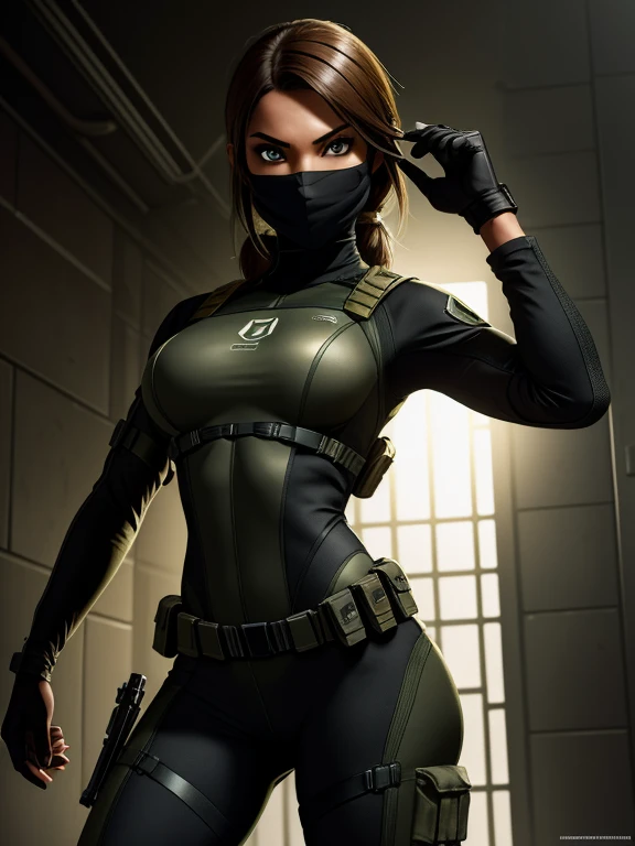 Create a beautiful and fit female character from the video game franchise Splinter Cell, shes from Splinter Cell. Shes Navajo, shes 27-years-old, has tan-bronze skin, amber colored irises and her hair is black and short. Her mouth is covered by a mask that...