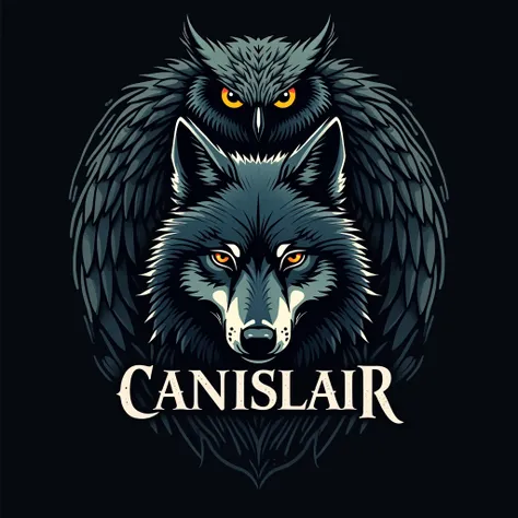 a big logo text written Canislair, capital letters, flat graphic design, dark ambience, fullscreen detailed native american ornament theme, a wolf as fullscreen background, big owl shadow behind the background, award winning design, extreme detail, Ultra H...