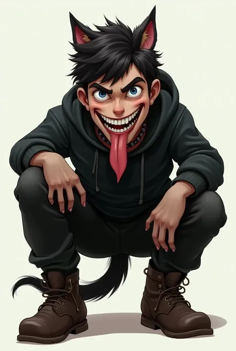 (masterpiece, best quality:1.2), (hyperdetailed face), (Super well-formed face), full body, solo, tachie, male focus, 1boy, squat, sticking out tongue, long tongue, big smile, sharp teeth, black and brown hair, blue eyes, paw pose, black hoodie, black bean...