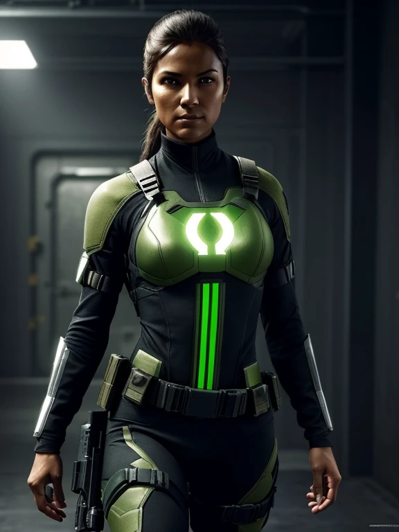 Create a beautiful and fit female character from the video game franchise Splinter Cell, shes from Splinter Cell. Shes Navajo, shes 27-years-old, has tan-bronze skin, amber colored irises and her hair is black and short. Her mouth is covered by a mask that...