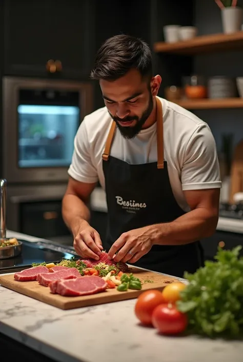 Virat Kohli sitting at a kitchen counter, preparing a healthy meal with premium cuts of meat. He’s focused on making the perfect protein-packed dish after an intense workout, ready to fuel his body