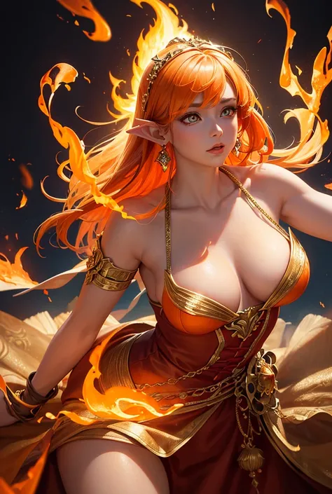 This (realistic fantasy) art contains embers, real flames, real heat, and realistic fire. Generate a masterpiece artwork of a petite female fire druid with large (((orange and gold))) eyes. The fire druid is awe-inspiring with beautiful ((realistic fiery e...