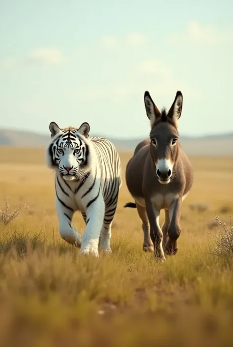 A young white tiger walks with a wild donkey in the middle of the plains 