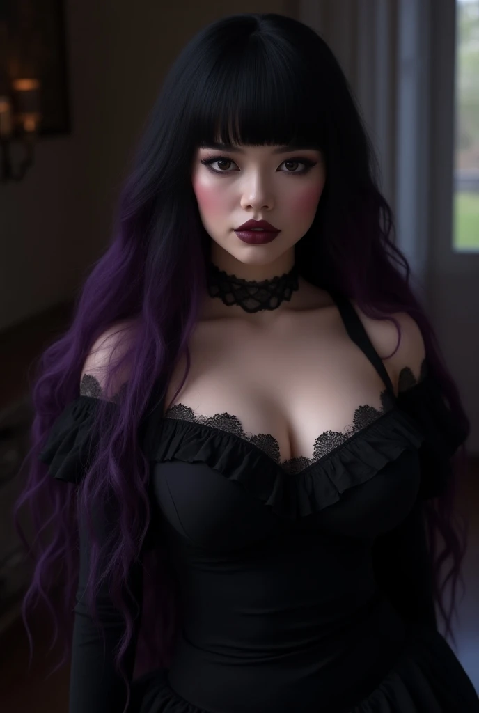 Detailed, highres, pretty girl, girl with long black hair with bangs, purple highlights on her hair, black eyes, deep wine lips, busty girl, black long sleeve shirt, bare shoulders showing, gothic clothing