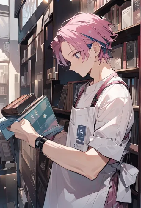  male、 handsome、book store、profile、綺麗なmale、Hairstyle with forehead、Hairstyle with forehead、Dark pink hair、 short hair、 wrapping my arms and wearing a shirt、Wearing an apron、solo、Cool look、Im holding out my book 