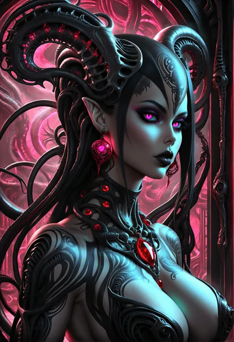 Create an image of Stunningly gorgeous beautiful perfect hr giger tattooed sexy seductive demonic girl, Stunningly gorgeous perfect flawless sexy face, hyper detailed neon ruby ornaments, large firm breasts, full body view, nude, no color black and gray on...