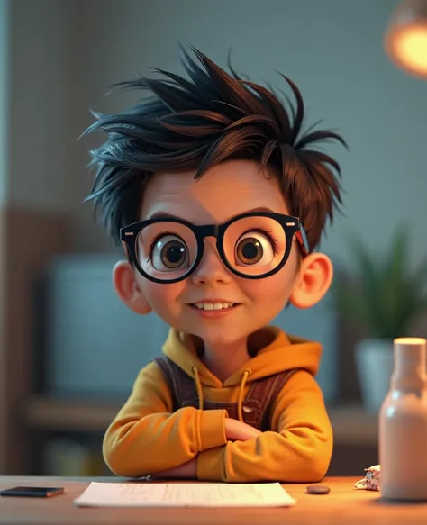 Boy cartoon style, Pixar,  Very Short Hair , Computer-aided design of glasses manufacturing