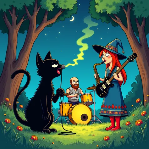 Мультяшная обложка для альбома рок-группы в style  [Comic book]. Night.  Concert in a forest meadow . In front in the center is a black cat, a vocalist, and sings into a microphone, with your mouth wide open. Drop .  In front of a Slavic warrior ,  right f...