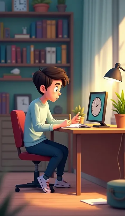 "An animated scene of a student using a timer on their desk while studying. The timer counts down, and the student takes a short break after each session, with a focus on efficient time management."