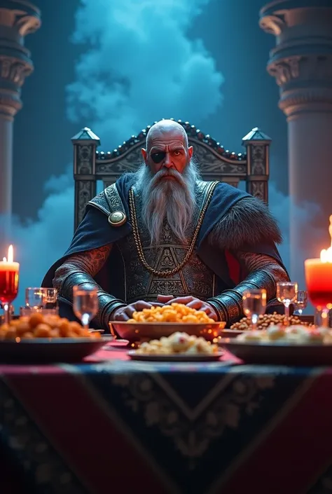 God Odin with an eye patch, Sitting on a throne next to the Feast of Valhalla table,  with blue and red lights in the background .