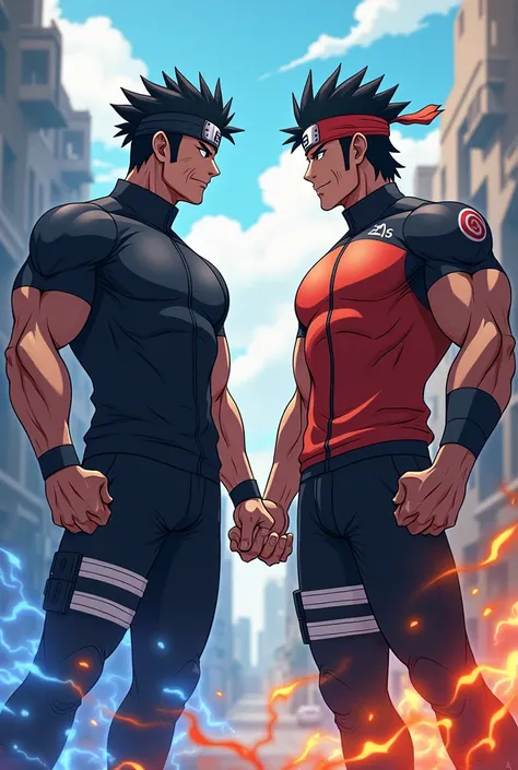 2 Men,  sportswear,  black hair , muscular, 40 years ,  anime style Naruto  