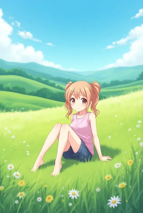 Anime girl sitting in the field