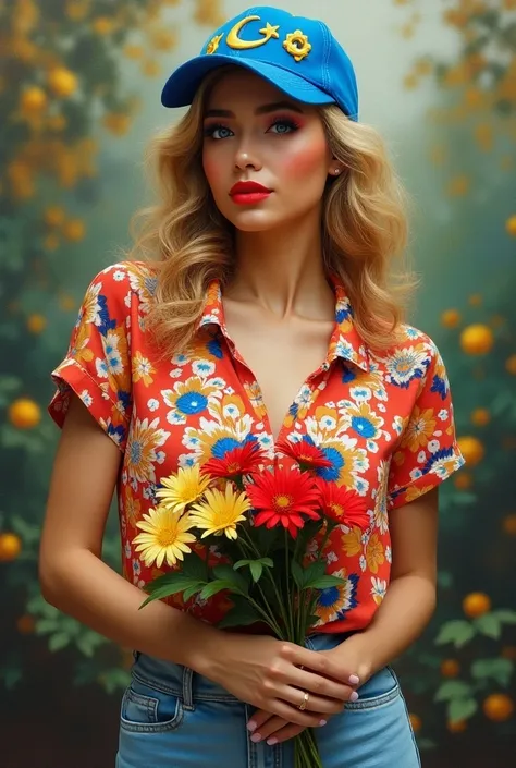 INSPIRED BY Fleur Hayward
A stunning woman with curly blonde hair, sparkling blue eyes, red lipstick, wearing a beautiful red white yellow and blue blouse with light blue jeans. sparkling shoes shes wearing a blue baseball cap with yellow star and cresent ...