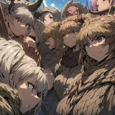 Anime, high detailed, multiple girls, Long hair, barbarian girls, barbarians cloth, curvy body, girls surrounding 