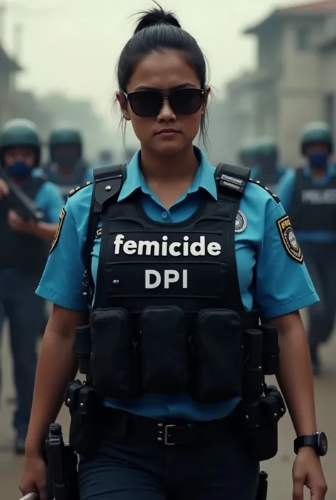  Create an image of women from the Honduran police in combat with the legend Femicide DPI in the bulletproof vest and sky blue uniform shirt, state-of-the-art ballistic helmet , dark glasses
