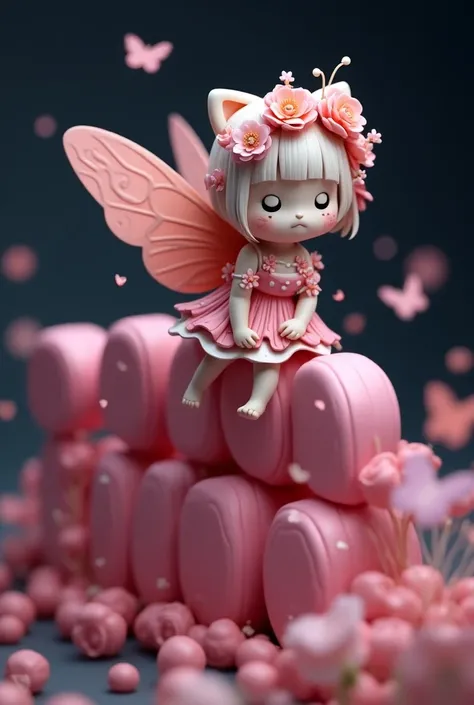 A 3d render of a conceptual art piece. A chibi-style Hello Kitty-inspired fairy named "Dyosa" is perched atop pink letters. The fairy has a cute, flowing dress adorned with tiny flowers and a delicate crown made of vibrant blooms. She exudes whimsical char...