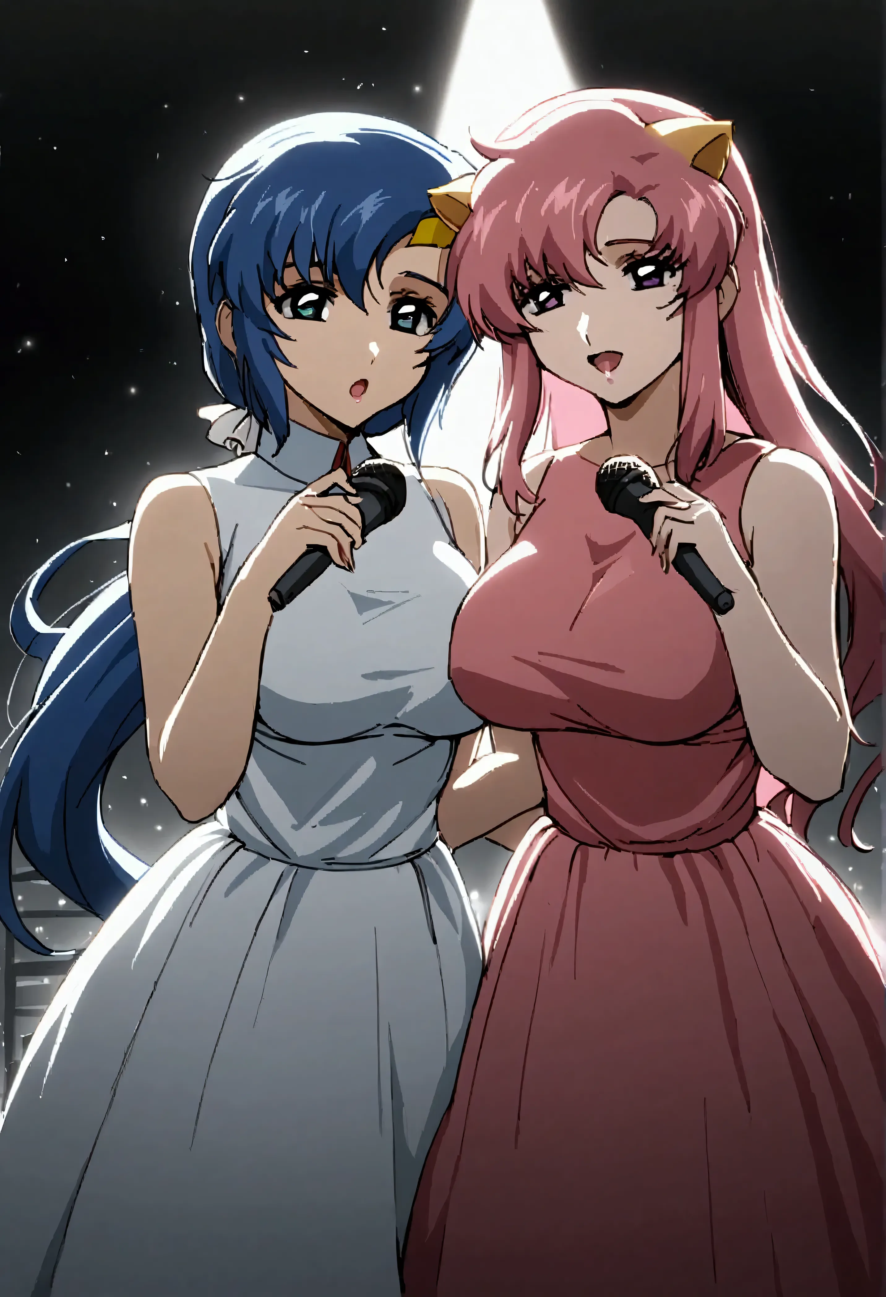 gundam_seed, 2girls. two women, the first woman has long flowing pink hair, purple eyes, medium breasts, average build, and is w...