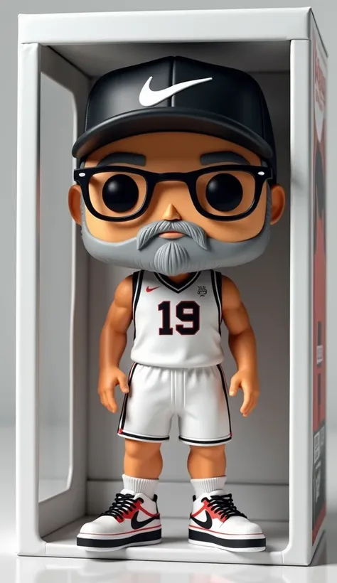 Create a 3D image of a Funko Pop depicting an Asian Filipino in their 30s, wearing a white jersey number 19, short pants, a black nike cap, with a gray beard, glasses and Jordan Retro shoes. The Funko Pop must be placed inside a similar funko pop box, clea...