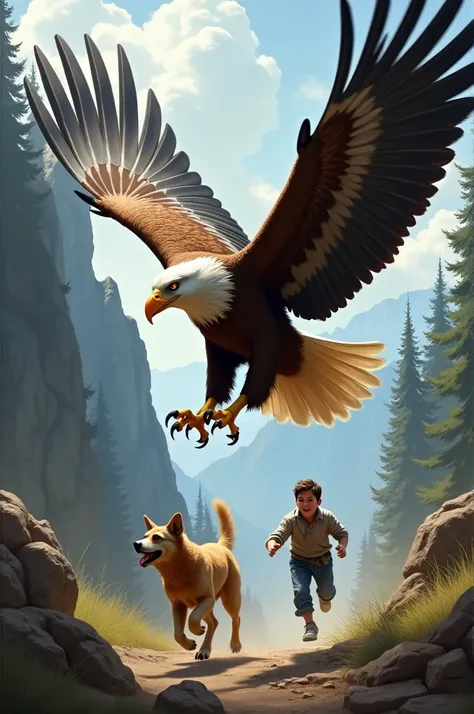 Eagle chasing a dog and boy 