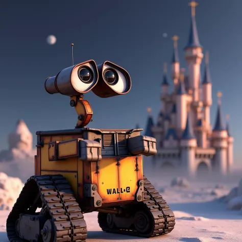 Create a high-quality hyper-realistic image of the Wall-E character with an exited and happy face at an angle loaded towards the right-hand side view where the original Disney and Pixar character Wall-E. In the background, show the Disneyland castle locate...