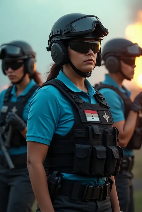  Create image of Honduran police women in combat with DPI legend in bulletproof vest and sky blue polo shirt uniform, tactical ballistic helmet and dark lenses 
