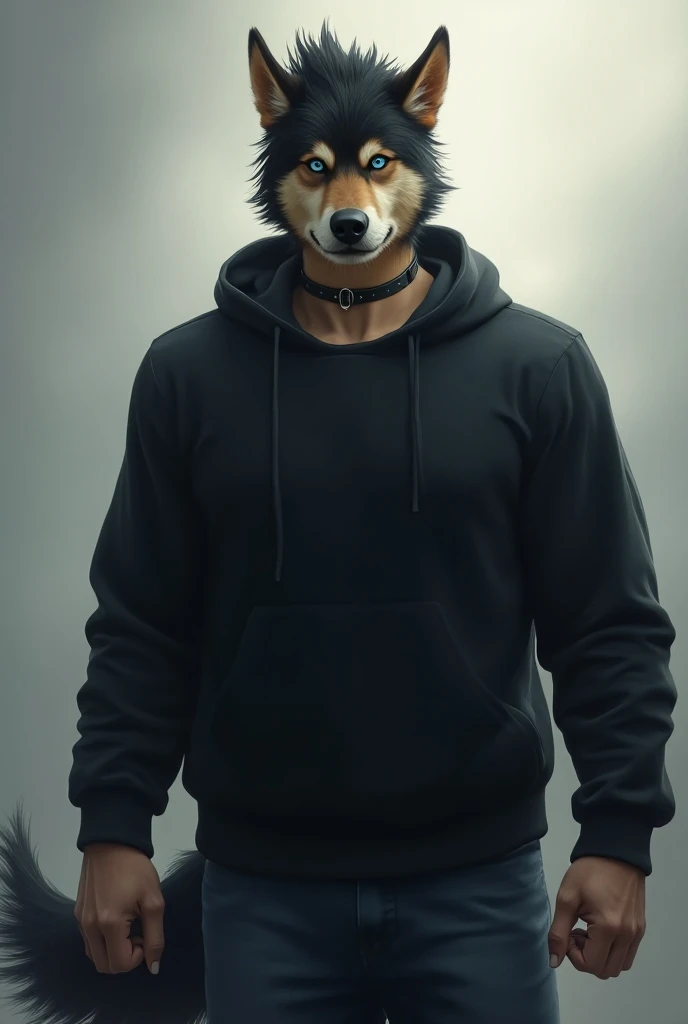 1boy, upper body, shaggy black hair, dog boy, tall and strong, muscle, personification, dog ears, blue eyes, black sweatshirt, alongside black jeans, dog tail, laughs, Dog collar around neck, soft light, 8K, masterpiece, looking at viewer, pixiv