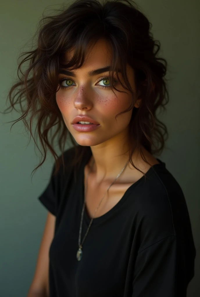 A woman with green eyes, curly and messy hair , For tan ,  freckles and wearing a loose black t-shirt,  full body 