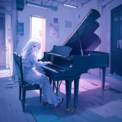 an anime drawing,　long shot , Playing the piano, 1girl, Abandoned Buildings, {best quality, very aesthetic, perfect anatomy, illustration,Outside} , blue eyes, hair over one eye,white hair, Long Hair hair, {2D, sketch, ai-generated, amazing quality, great ...