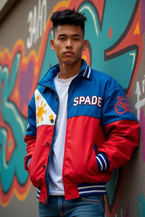 A Filipino young man wearing red blue yellow with the phillppine flag design with name text " SPADE." on his jacket with highfade hairstyle stand on the graffity background wall 