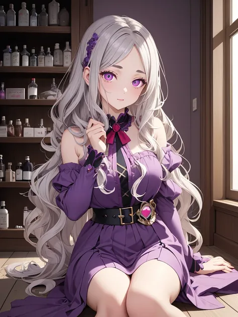 masterpiece, Best Quality,((1 woman)),  waist-length gray hair ,Wavy Hair,  unhealthy white skin ,Dark circles under the eyes,Red eyes,((( Detailed Eyes ))),Thin eyebrows,Purple Witch Costume,Mr.々 medicine bottles on the shelf laughing,Im sitting on the fl...